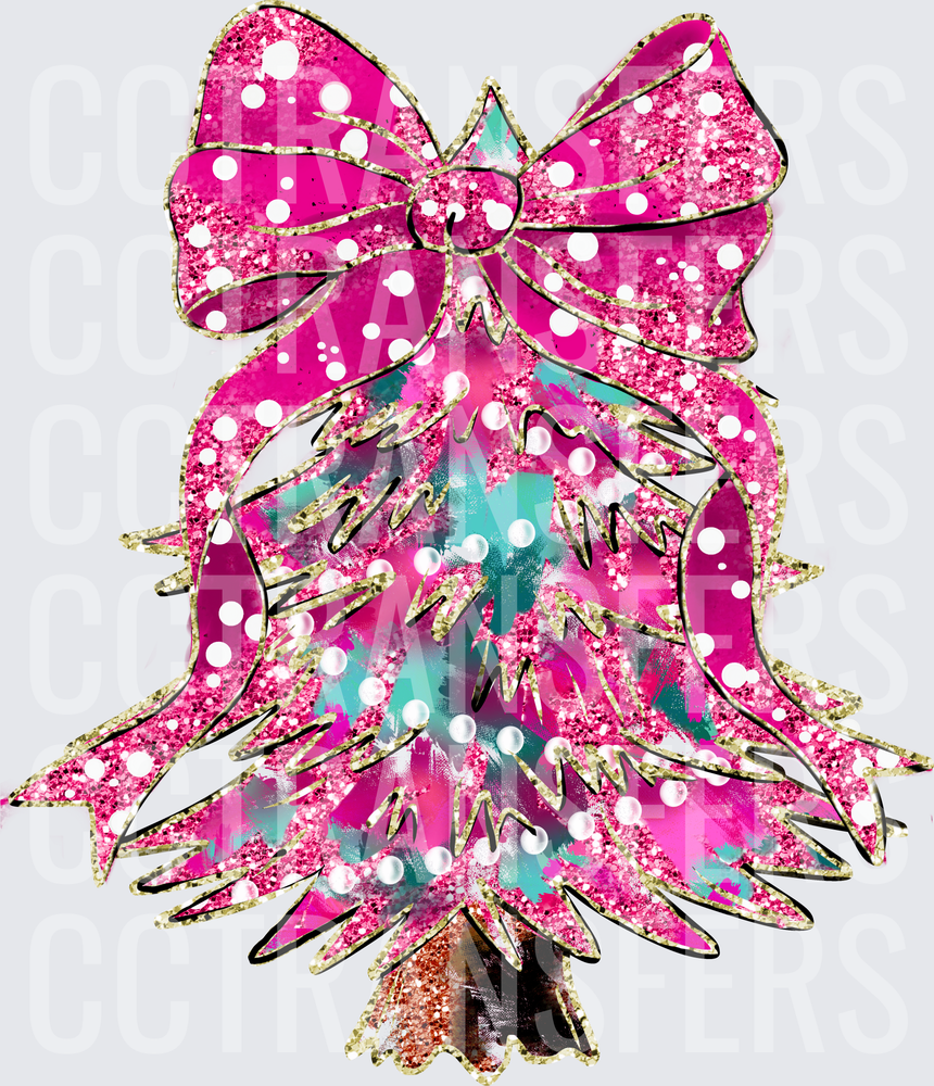 Hot Pink Glitter Christmas Tree with Bow and Pearls (DTF)