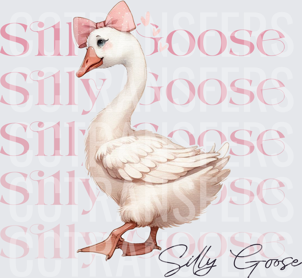 Silly Goose Cute White Goose Pink Bow Repeat Text (DTF)