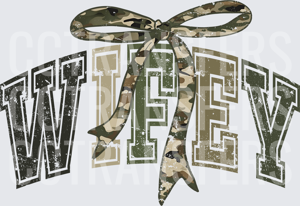 Wifey Camo Bow Distressed Varsity Arch Letters (DTF)