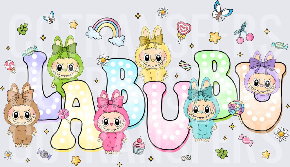 Labubu Pastel Polka Dot Letter Characters Candy Rainbow (DTF)