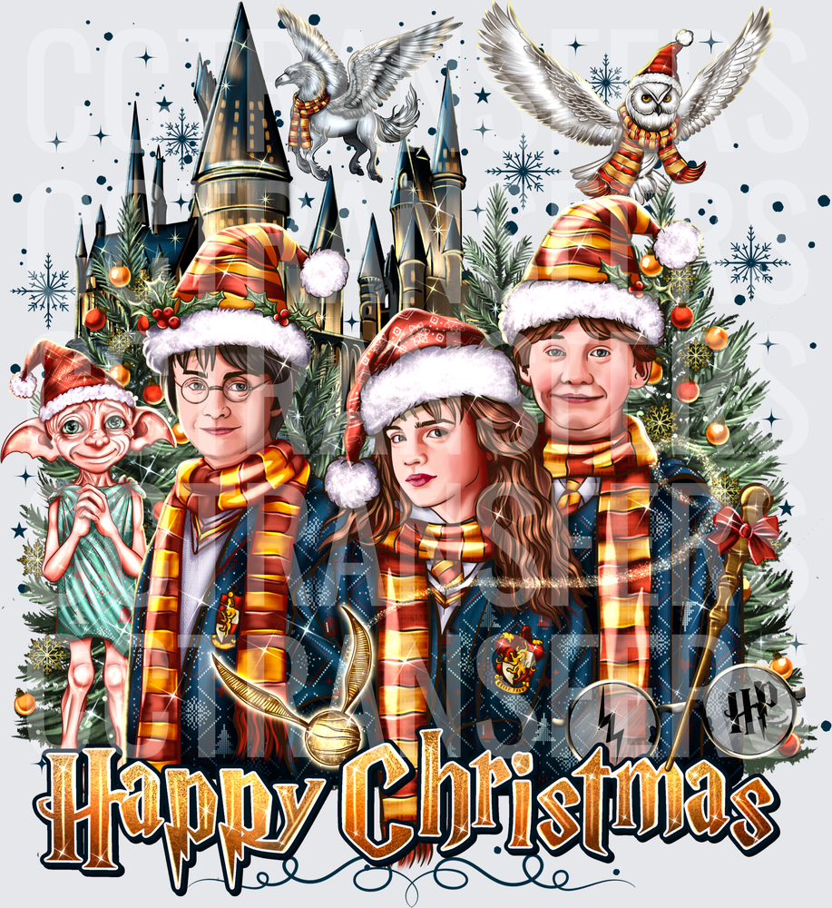 Happy Christmas Wizard Friends Holiday Scene DTF