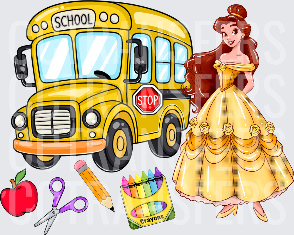 Brown Hair Princess Back To School Bus Supplies (DTF)