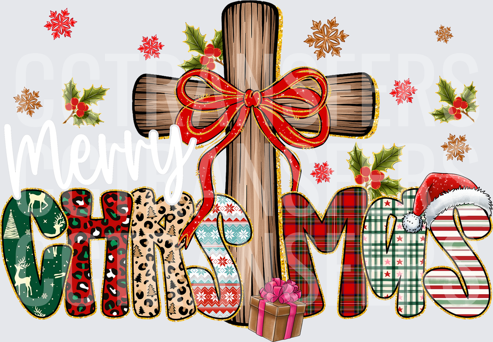 Christmas Word Mixed Pattern Cross Red Bow Holiday (DTF)
