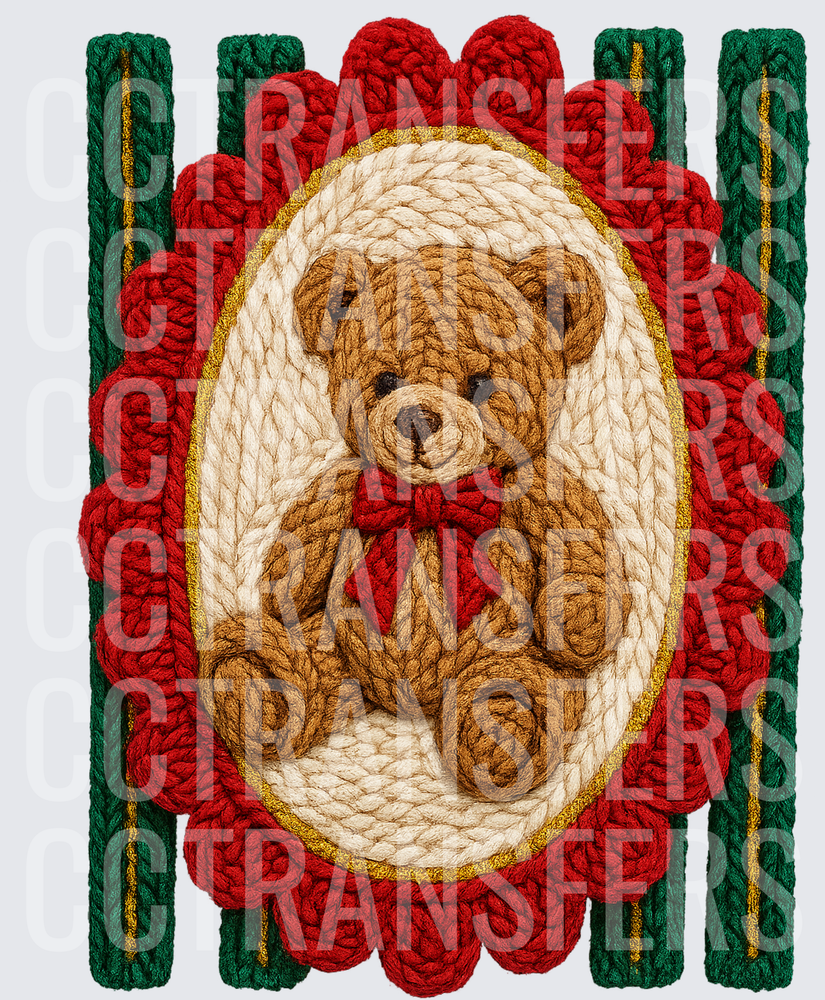 Crochet Knit Teddy Bear Red Bow Christmas Oval Frame (DTF)