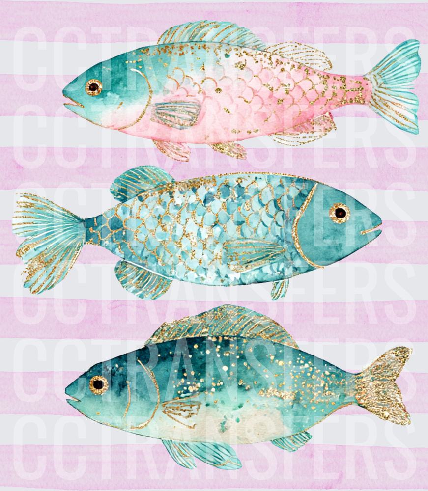 Three Watercolor Fish with Gold Glitter Accents Pink Stripes (DTF)