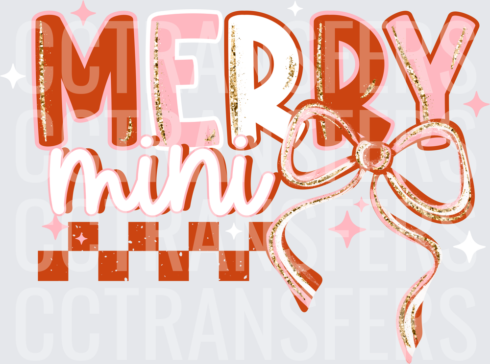Merry Mini Red Pink Glitter Bow Checkered Christmas (DTF)