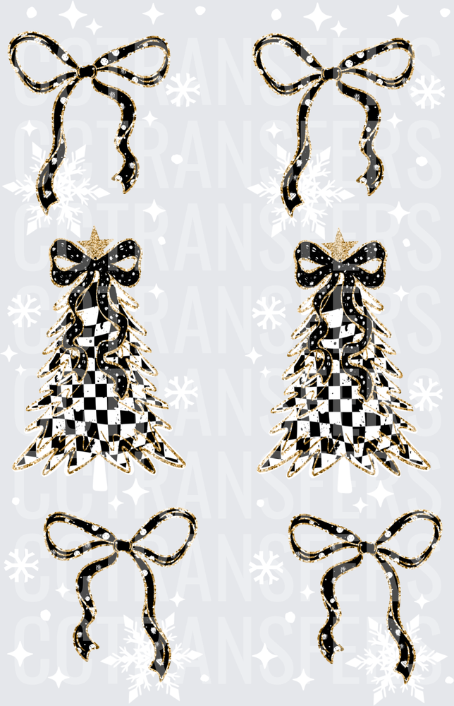 Black Gold Checkered Christmas Trees And Bows Bundle (DTF)