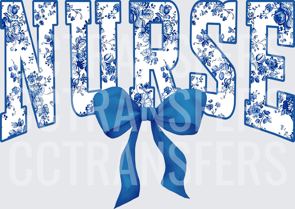 Blue Floral Nurse Bold Letters with Bow (DTF)