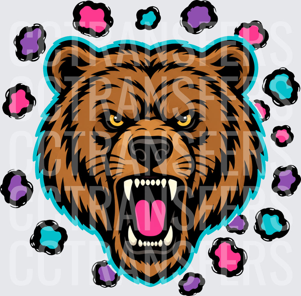 Fierce Roaring Grizzly Bear Head with Colorful Paw Prints (DTF)