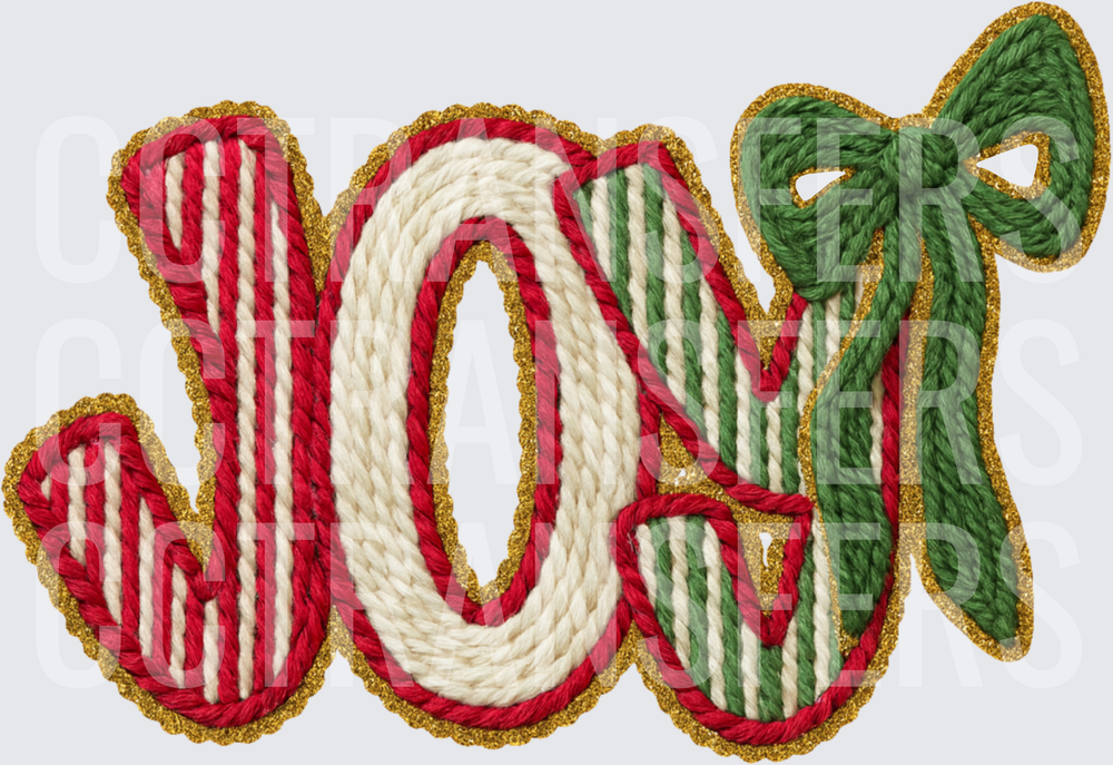 Christmas JOY Embroidered Yarn Letters with Green Bow (DTF)