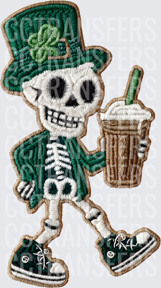 Skeleton Leprechaun Holding Iced Coffee Embroidery Patch (DTF)