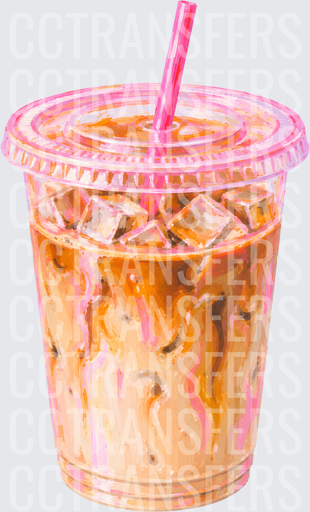 Iced Coffee Plastic Cup Pink Straw Watercolor Art (DTF)