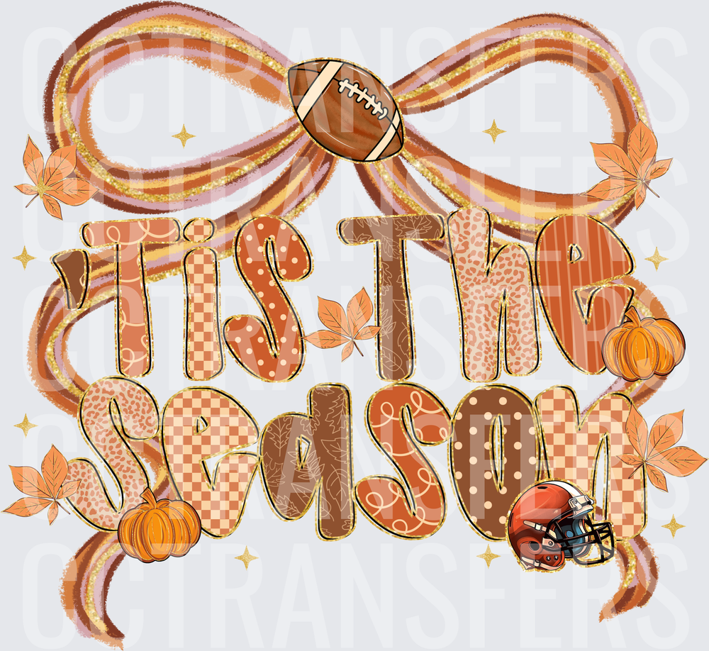 Tis The Season Fall Football Pumpkin Bow Autumn Leaves (DTF)