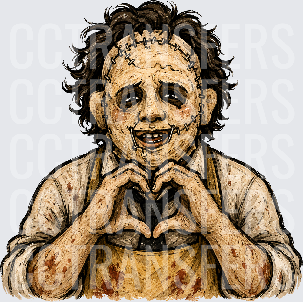 Stitched Skin Mask Killer Making Heart Gesture (DTF)