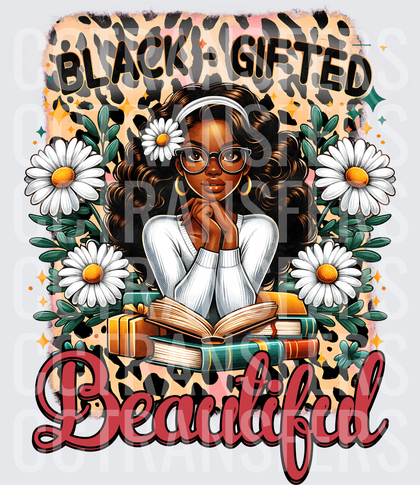 Black Gifted Beautiful Woman with Books and Daisies (DTF)