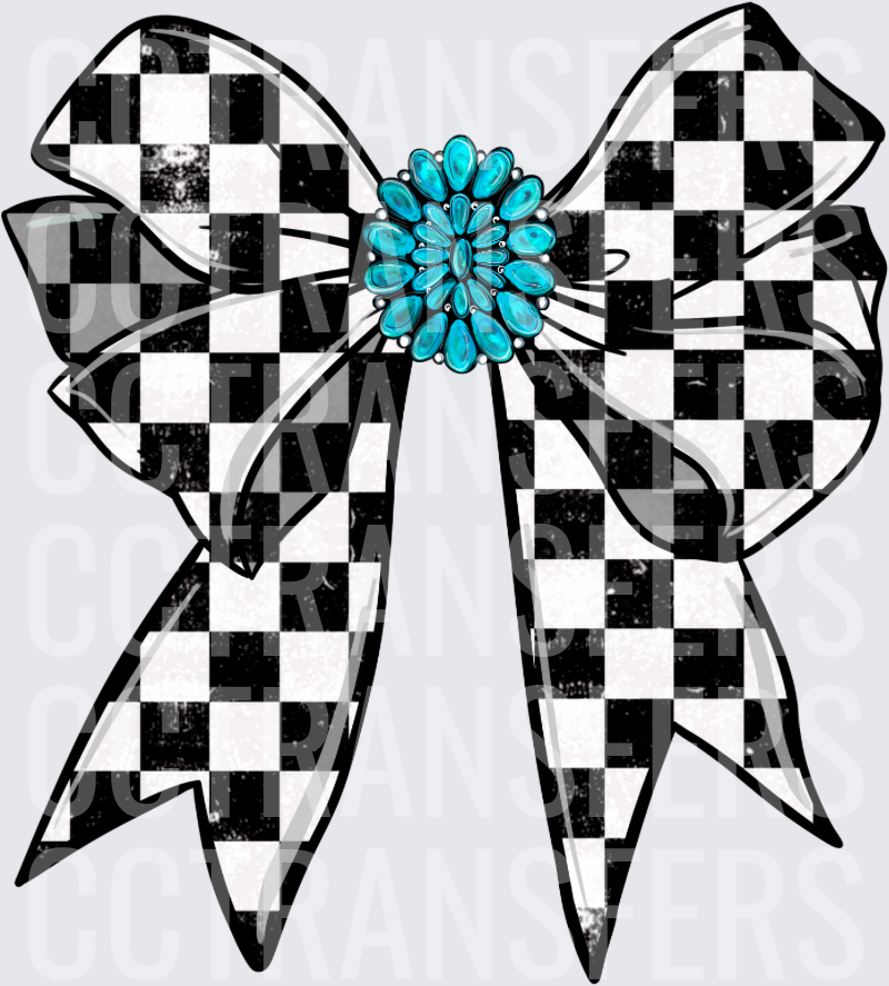 Black White Checkered Bow Turquoise Squash Blossom (DTF)