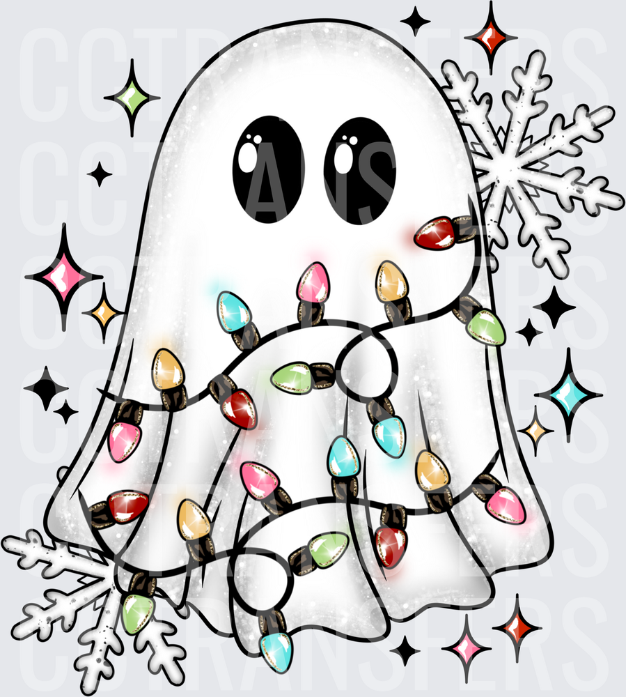Cute Ghost Wrapped in Christmas Lights Snowflakes (DTF)