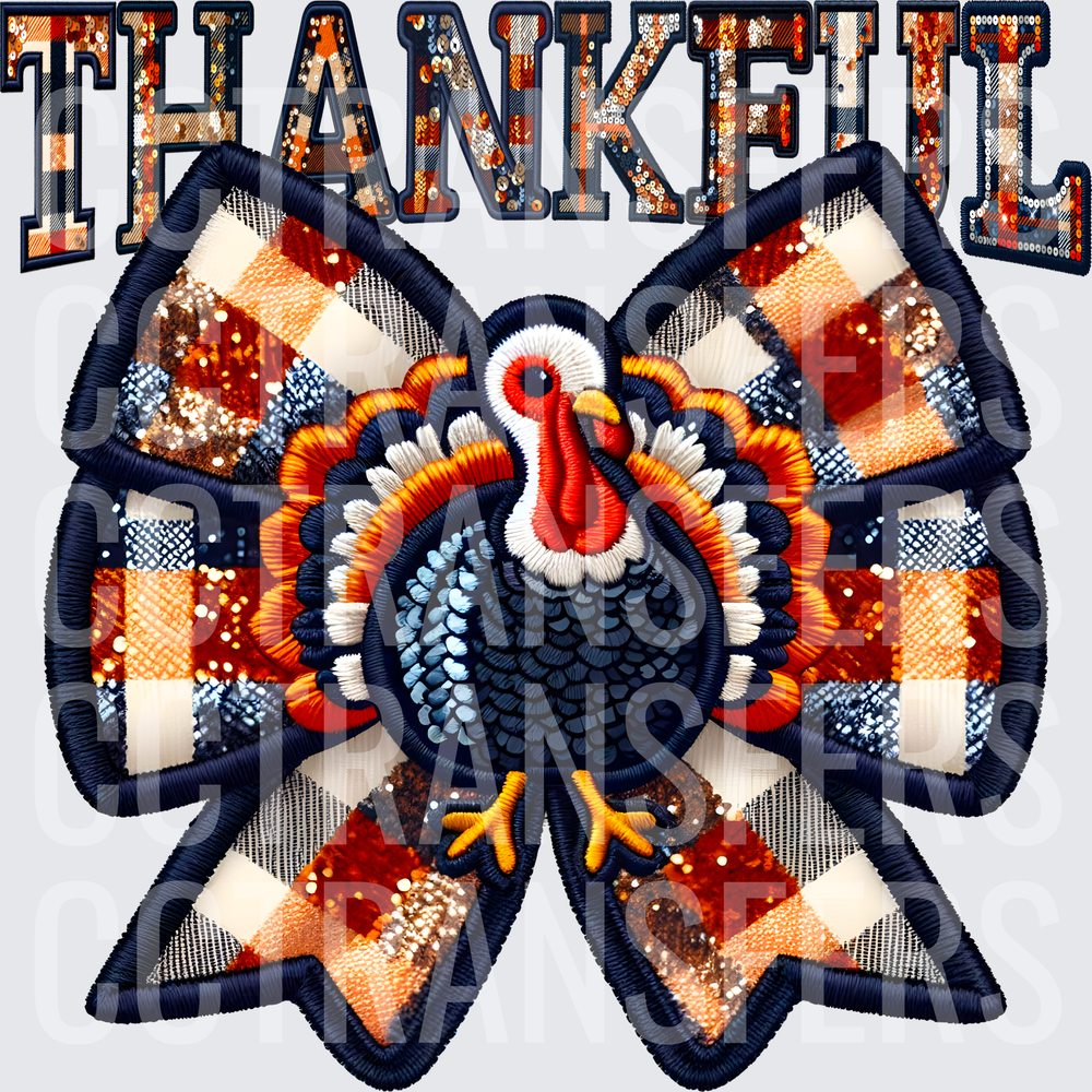 Thankful Embroidered Turkey Plaid Sequin Bow (DTF)