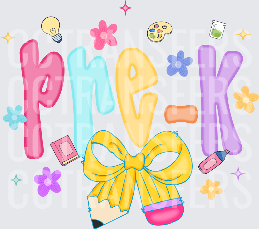 Colorful Pre-K Bold Text with Bow Pencil School Icons (DTF)