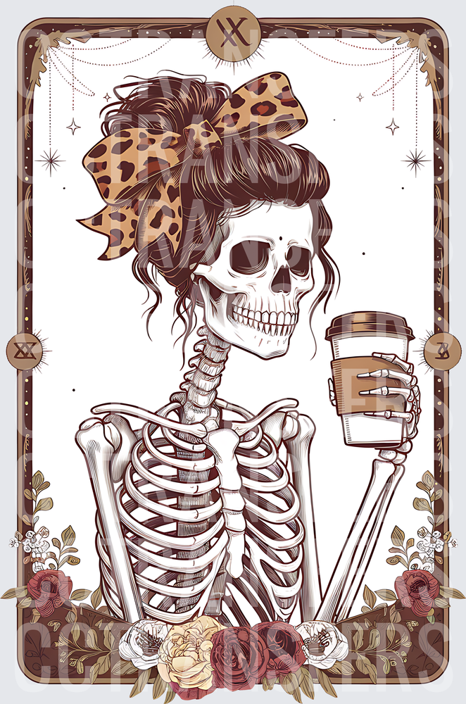Skeleton Messy Bun Leopard Bow Coffee Cup Floral Tarot (DTF)