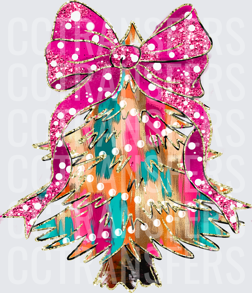 Glitter Pink Bow Christmas Tree Pearl Dots Gold (DTF)