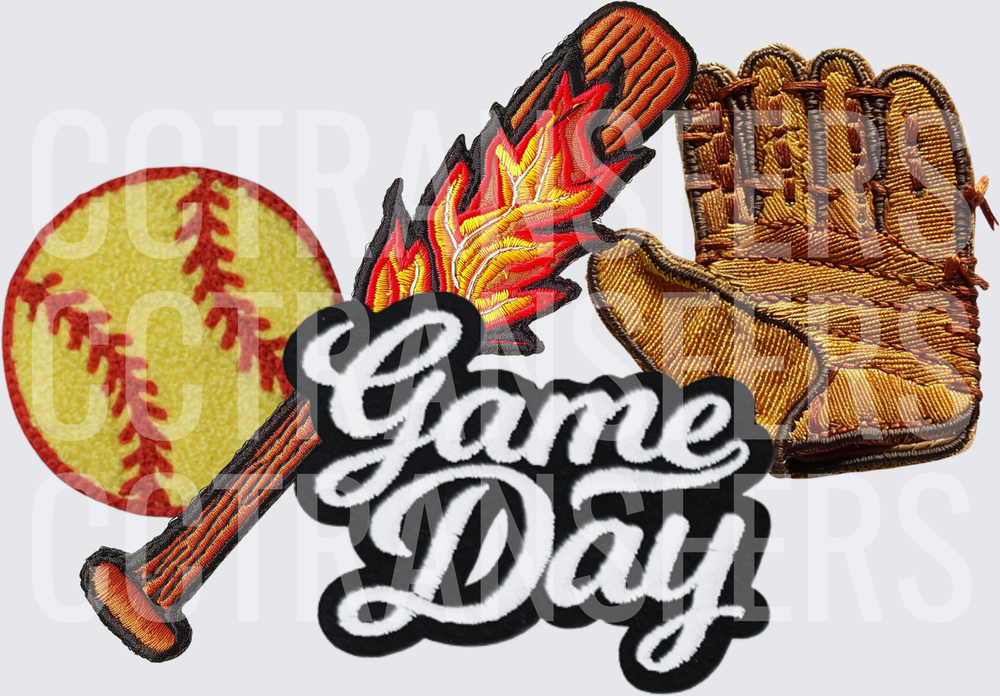 Softball Game Day Embroidered Patch Bundle with Flaming Bat (DTF)