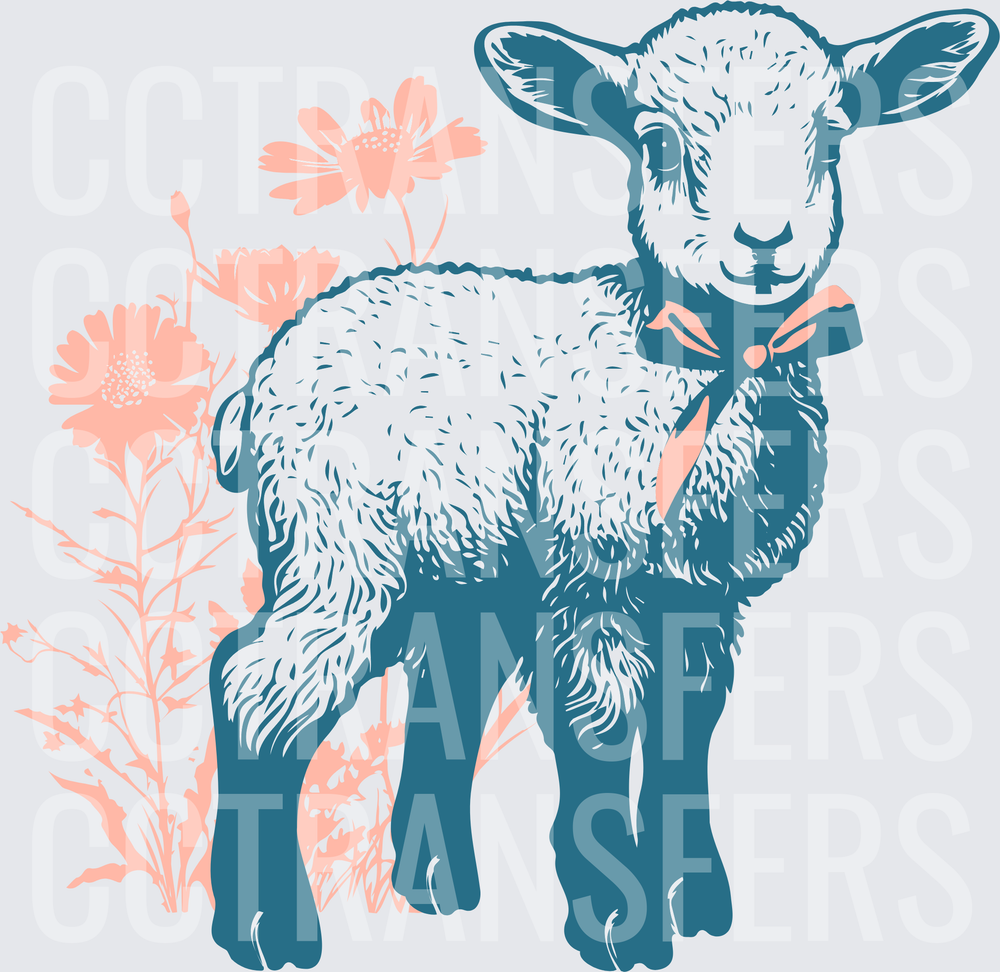 Teal Baby Lamb with Pink Bow and Wildflowers (DTF)