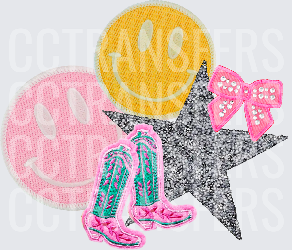 Smiley Face Patches Cowboy Boots Glitter Star Pink Bow (DTF)