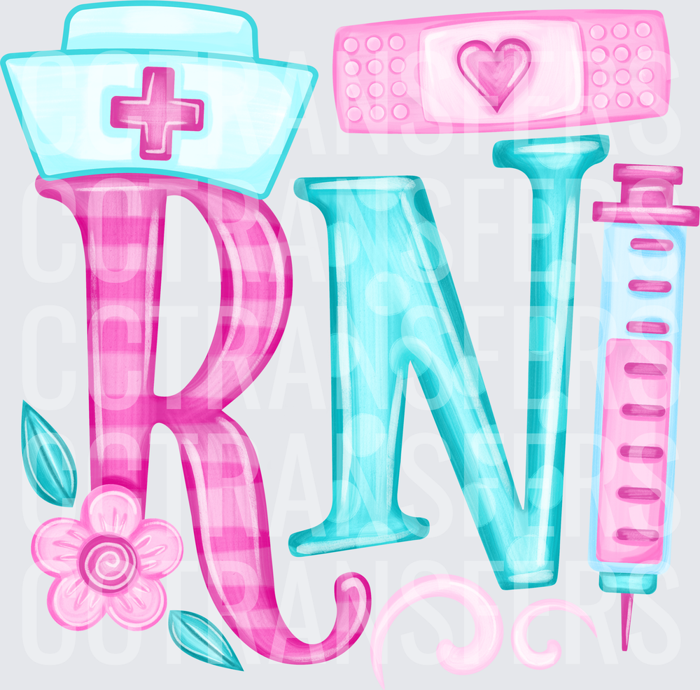 RN Nurse Hat Syringe Bandaid Floral Pink Teal (DTF)