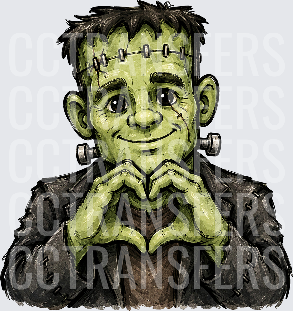Cute Green Monster Making Heart Hand Gesture (DTF)