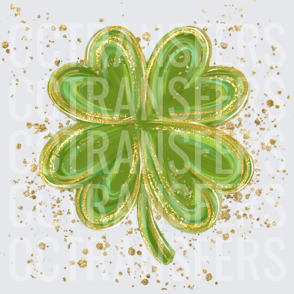Green Swirl Four Leaf Clover Gold Glitter Splash (DTF)
