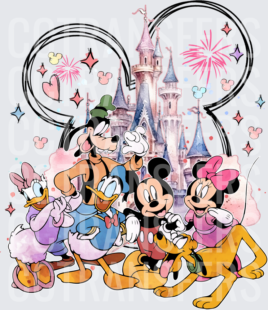 Cartoon Friends Castle Fireworks Watercolor Squad (DTF)