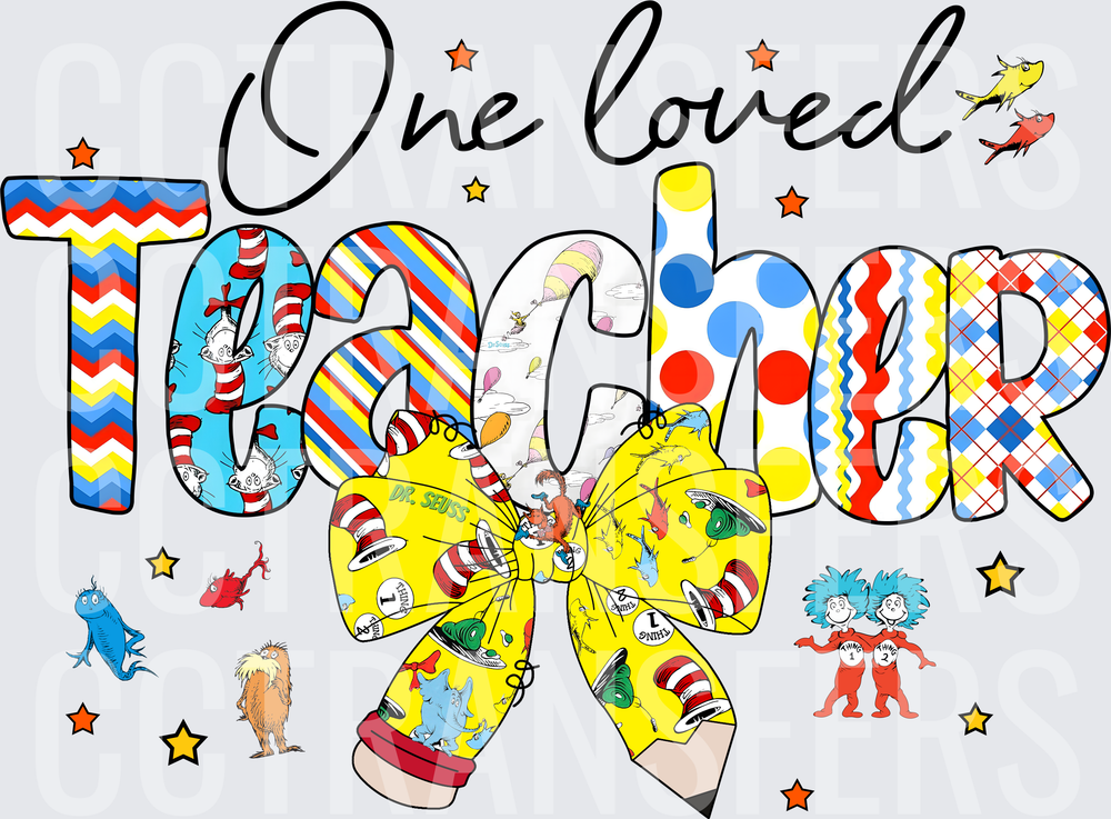 One Loved Teacher Colorful Storybook Characters Bow (DTF)