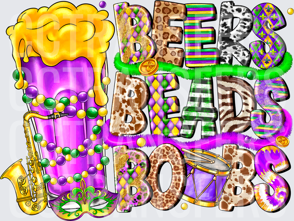 Mardi Gras Beers Beads Boobs Festive Party Design (DTF)