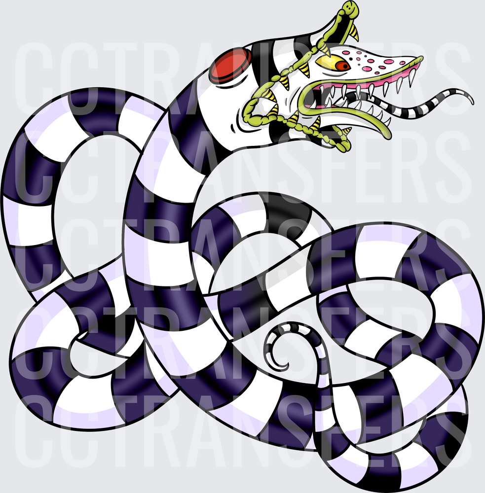 Black White Striped Coiled Snake Monster Open Jaws (DTF)