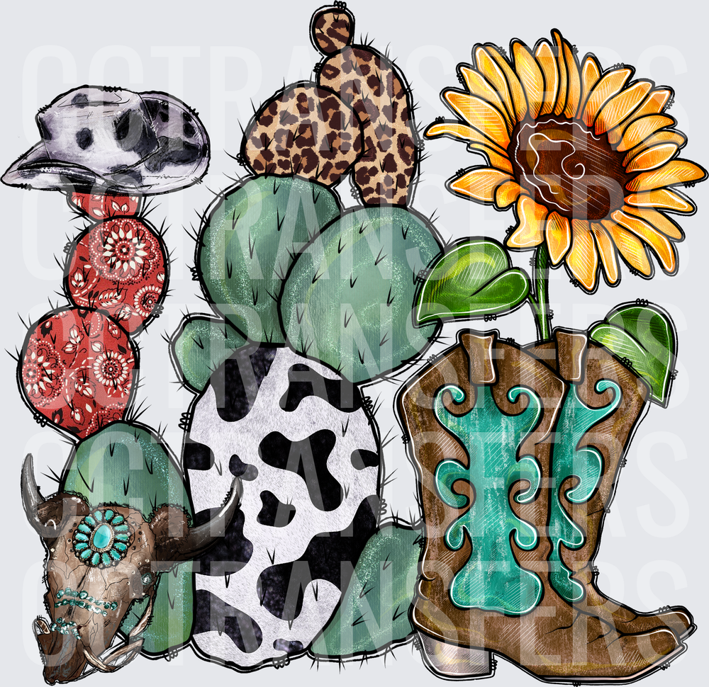Western Cactus Cluster Cowboy Boots Sunflower Bull Skull (DTF)