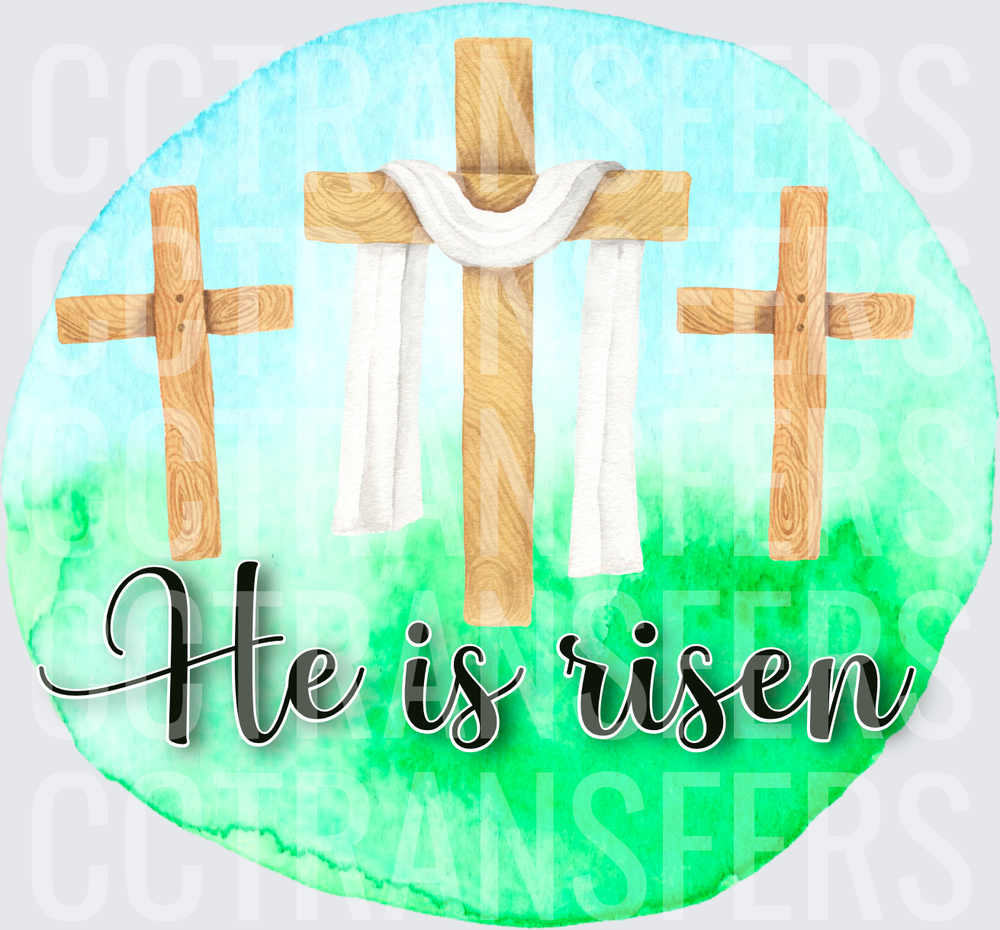 He Is Risen Three Wooden Crosses Watercolor Easter (DTF)