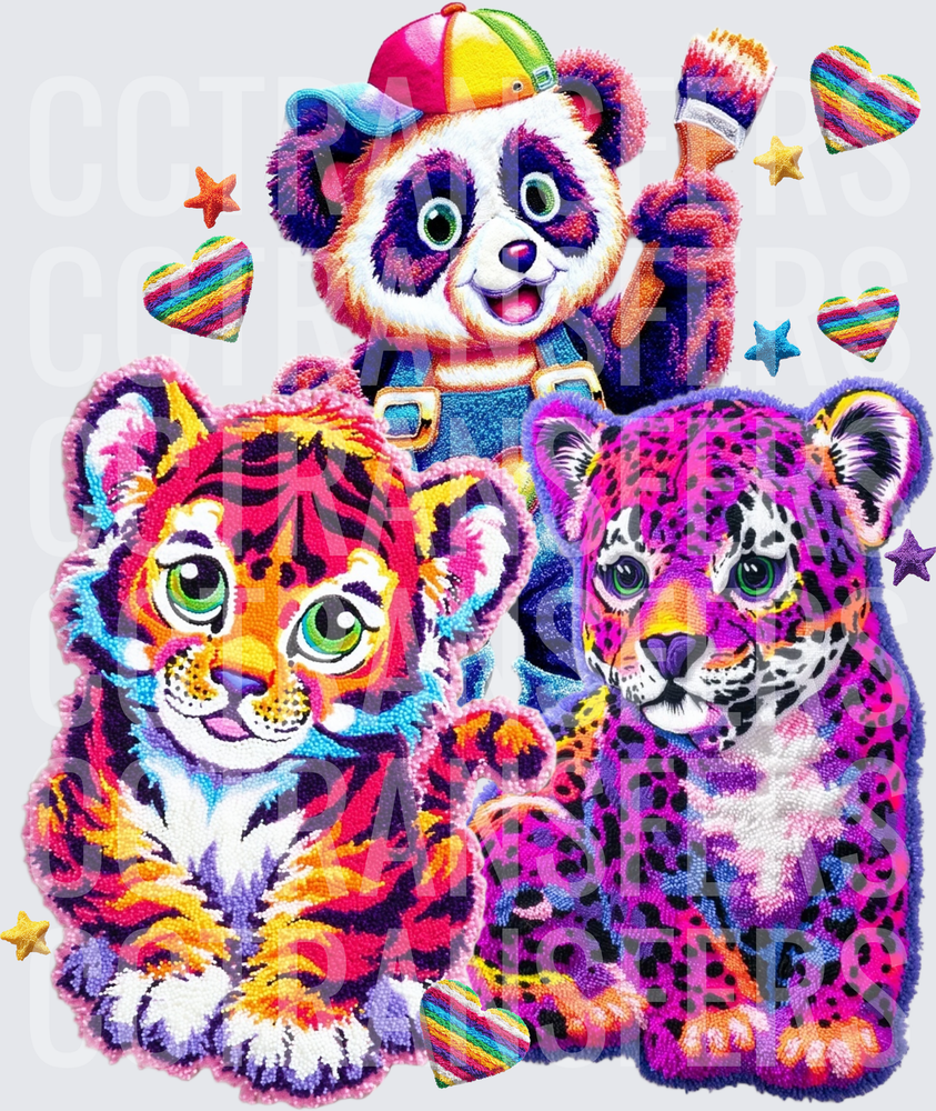 Neon Rainbow Tiger Leopard Panda Trio with Stars Hearts (DTF)