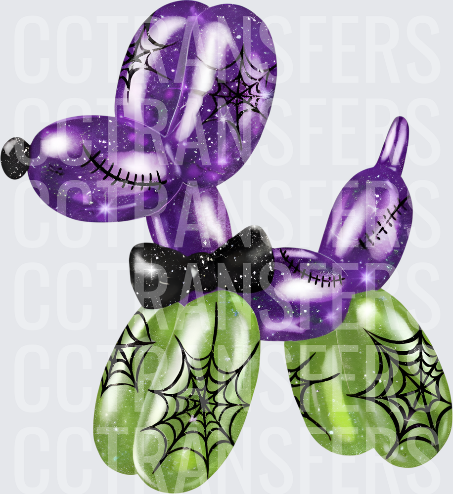 Halloween Galaxy Balloon Dog with Spiderwebs and Black Bow (DTF)