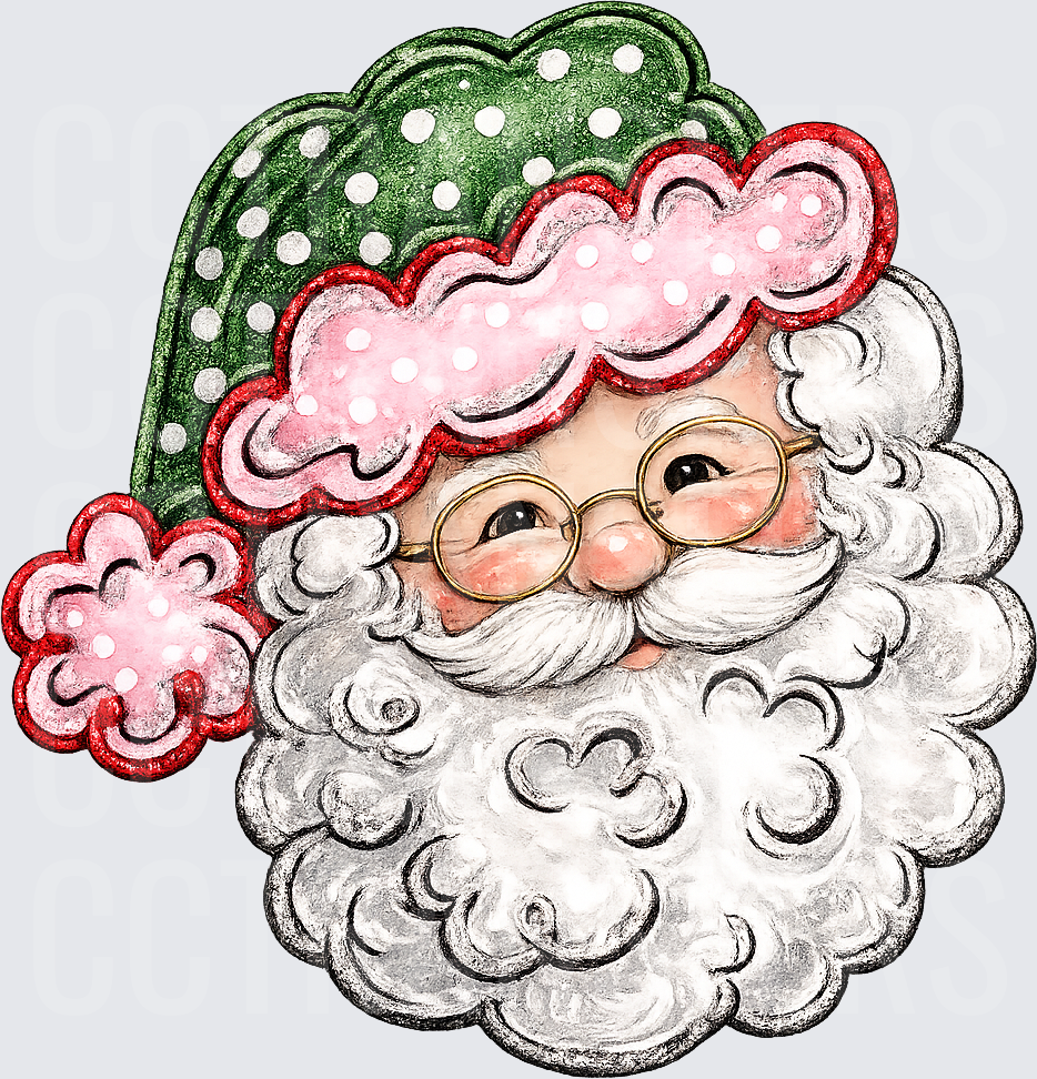 Jolly Santa Face Green Polka Dot Hat Gold Glasses (DTF)