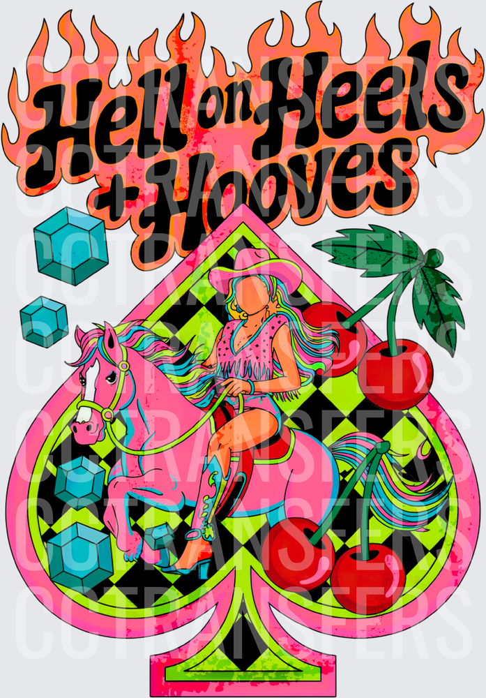 Hell on Heels + Hooves Cowgirl Riding Pink Horse (DTF)
