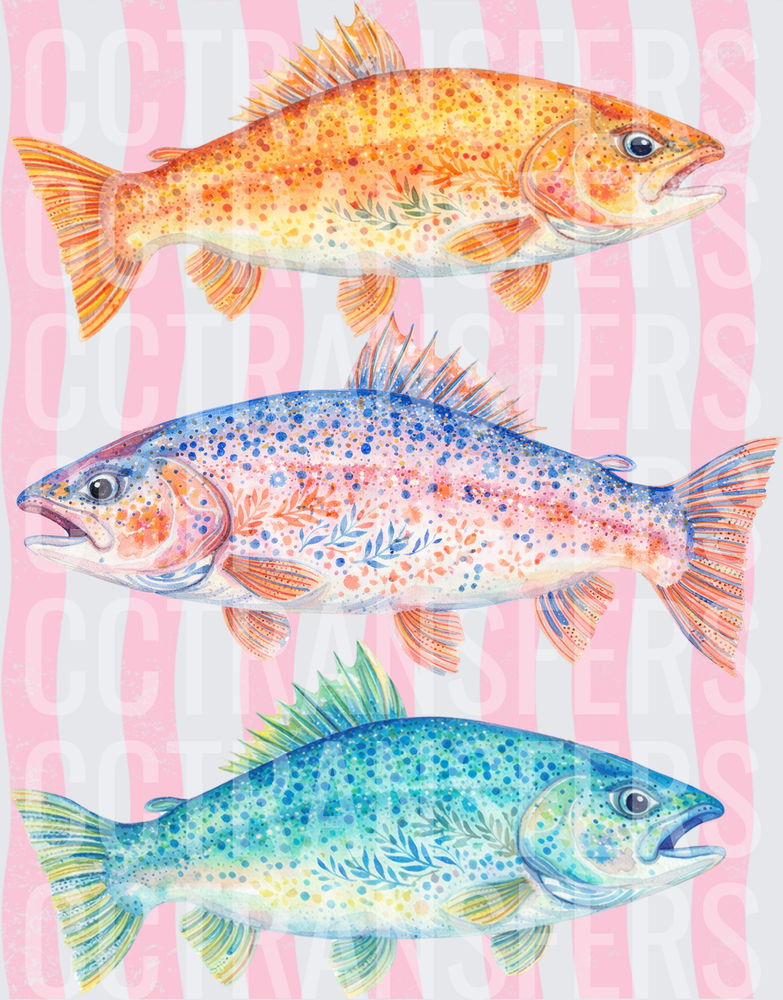 Watercolor Fish Trio Floral Spotted Stripes (DTF)