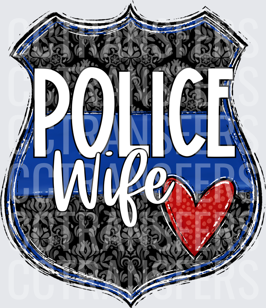 Police Wife Shield Badge Thin Blue Line Heart (DTF)
