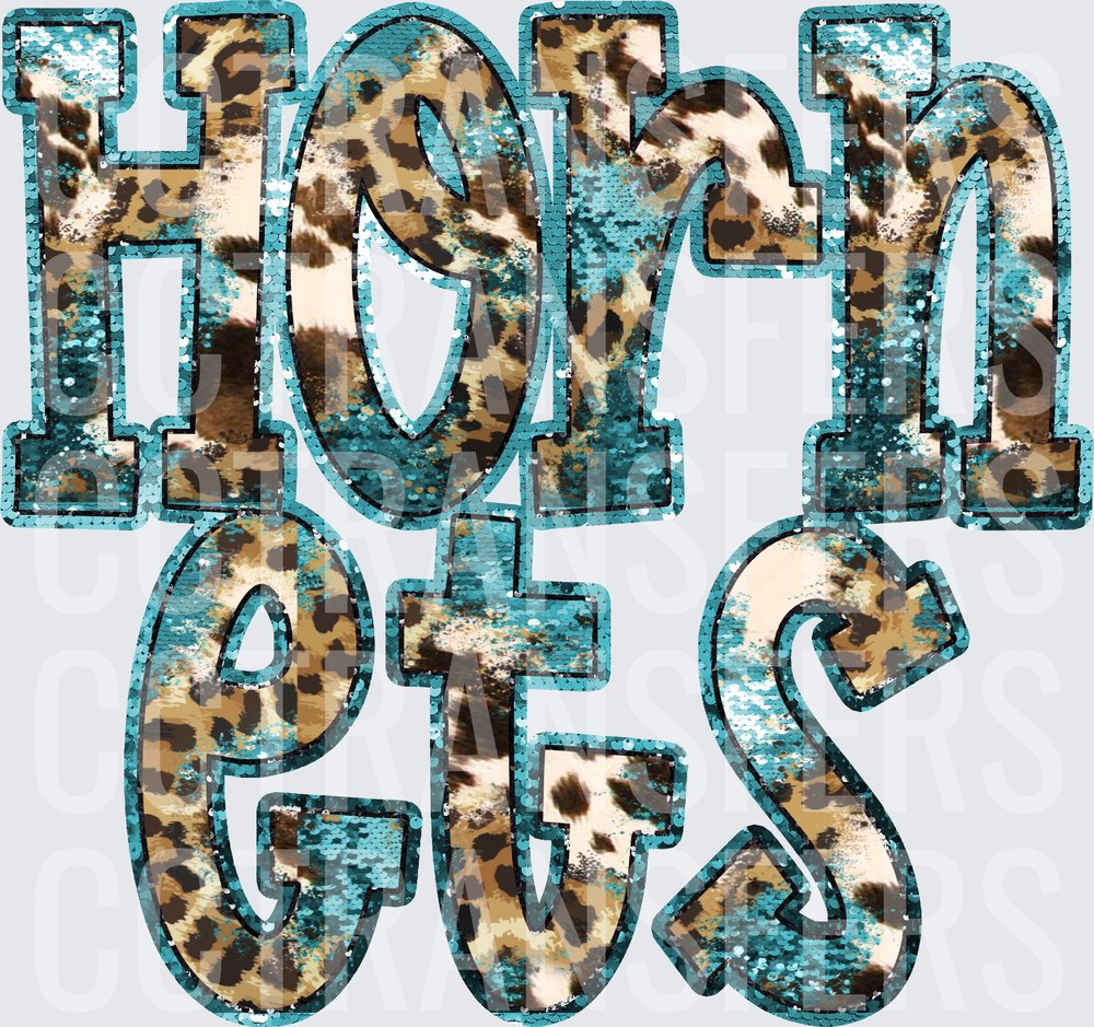 Hornets Teal Sequin Leopard Cowhide Bold Lettering (DTF)