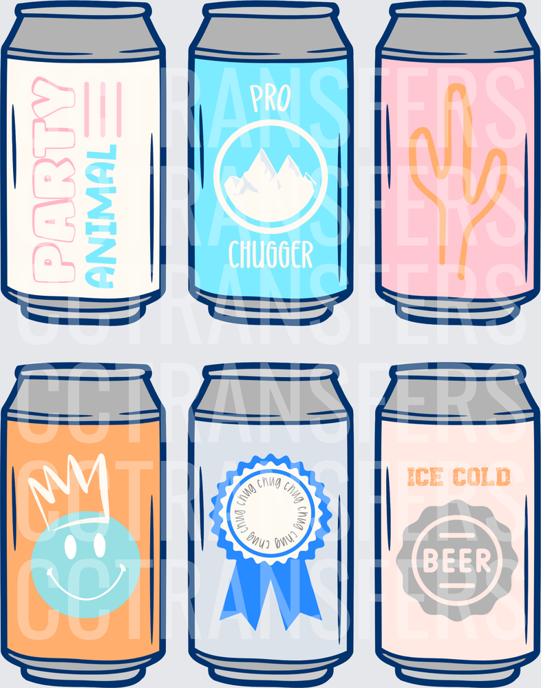 Six Illustrated Beer Can Designs Party Animal Pro Chugger (DTF)