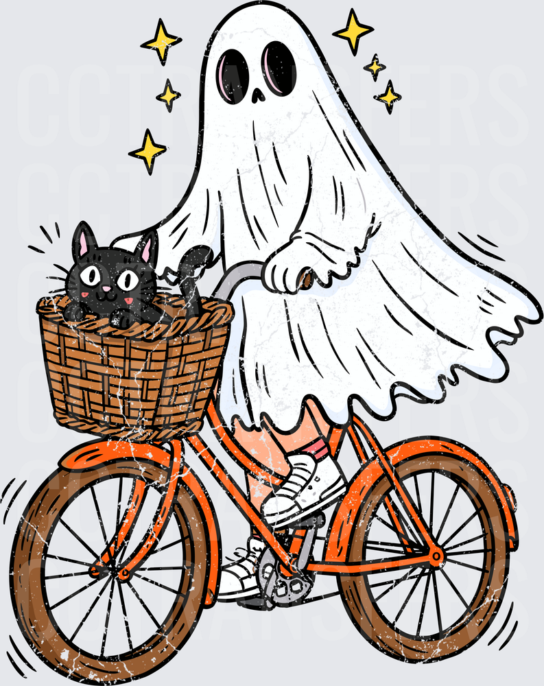 Cute Ghost Riding Orange Bike with Black Cat in Basket (DTF)