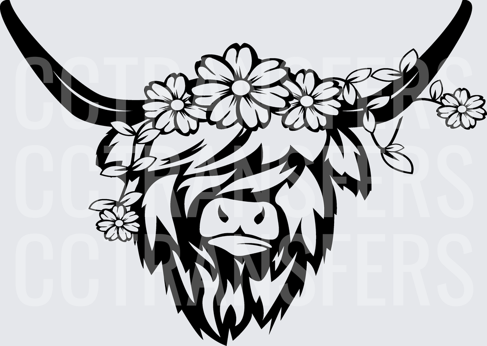 Fluffy Highland Cow with Daisy Flower Crown and Horns (DTF)
