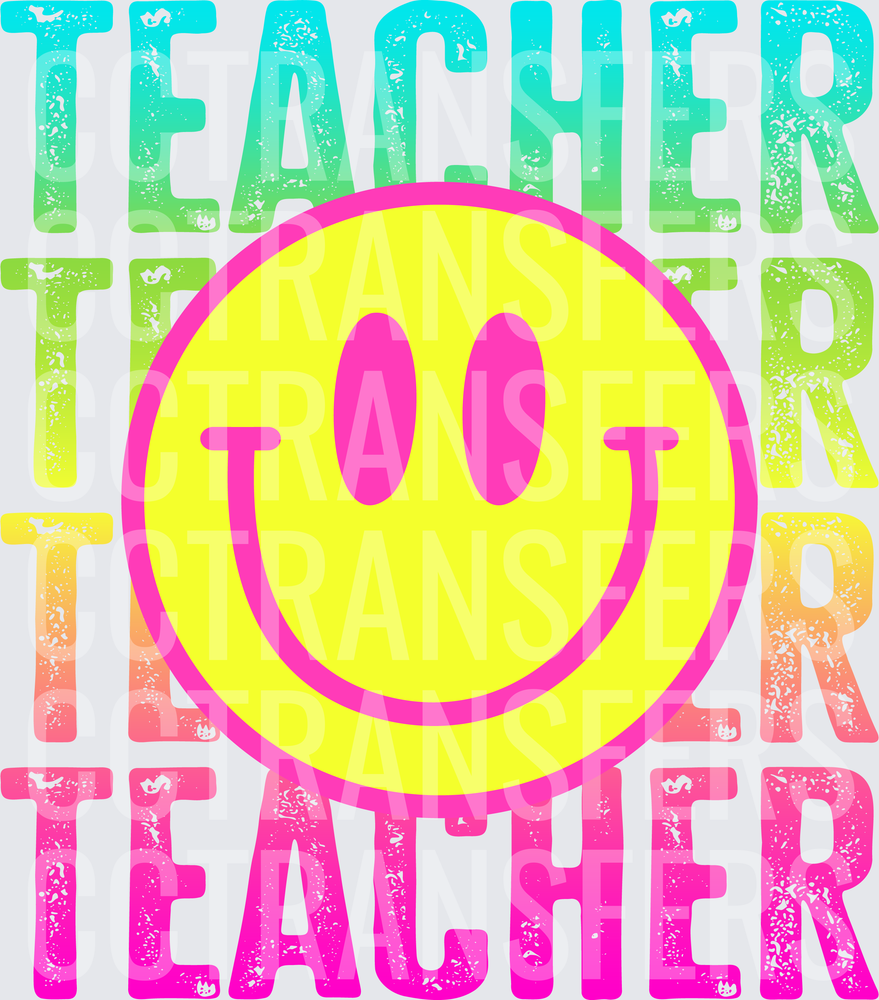 Retro Teacher Stacked Text Yellow Smiley Face (DTF)