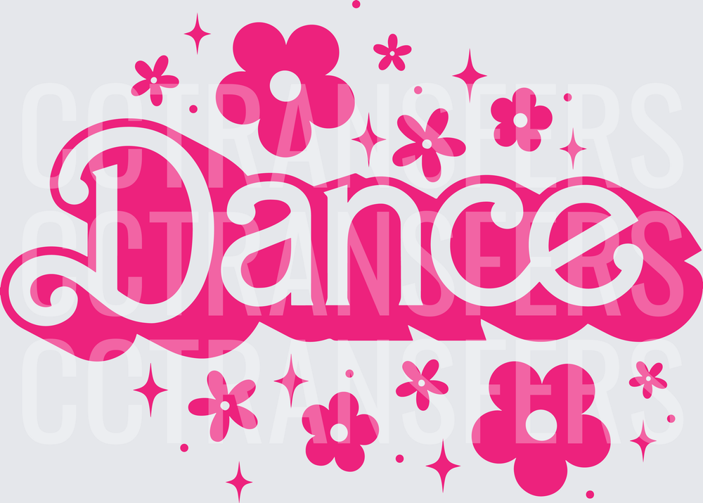 Hot Pink Dance Word Art with Retro Flowers and Sparkles (DTF)