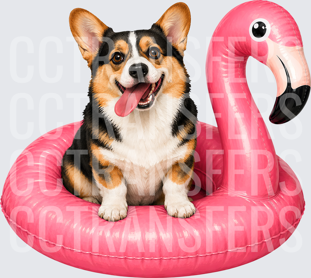 Happy Tri-Color Corgi on Pink Flamingo Pool Float (DTF)